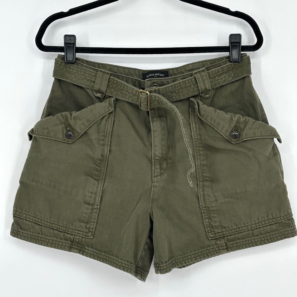 Banana Republic Olive Green Safari Cargo Denim Cotton Shorts Belted 8